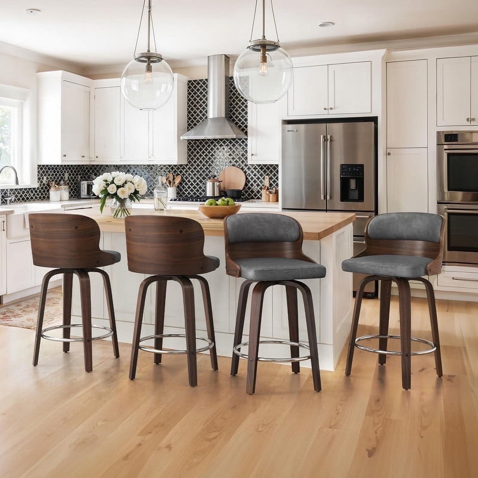 Gray Faux Leather and Wood Swivel Counter Height Bar Stools, Set of 4
