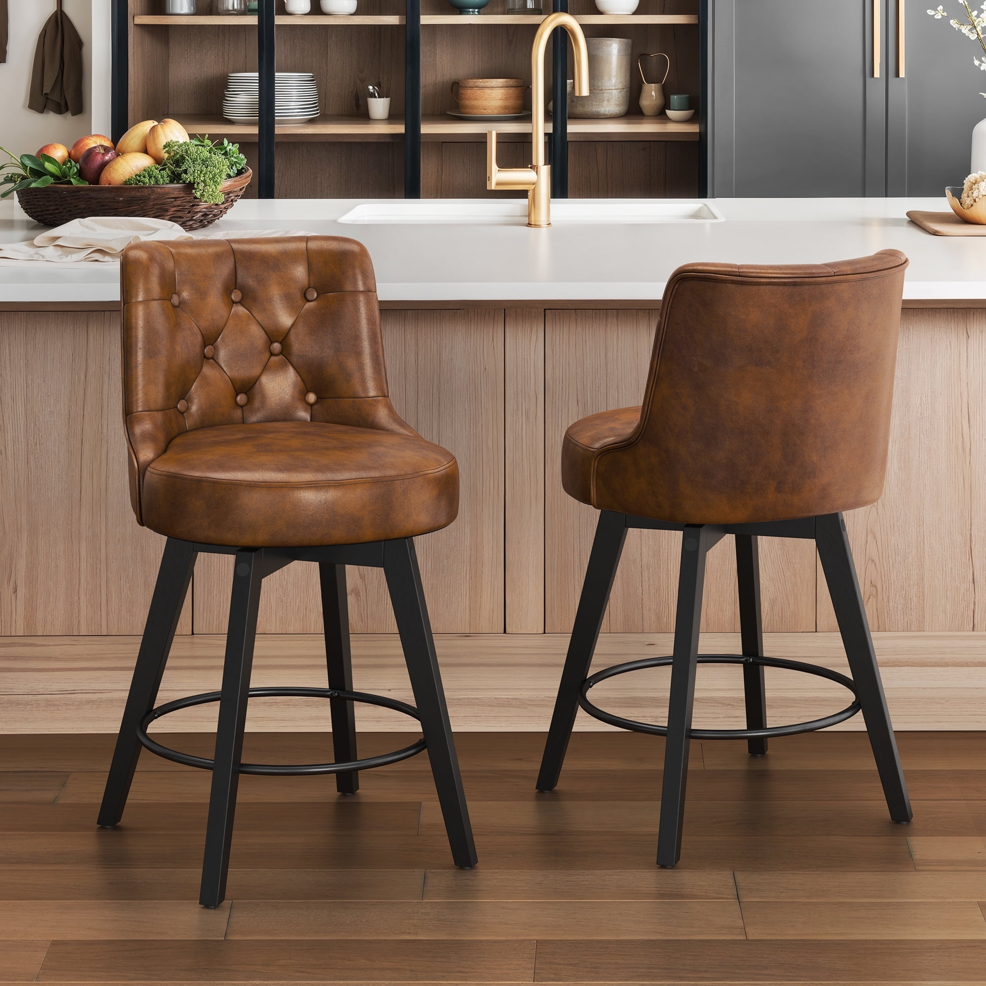 Brown Faux Leather Swivel Counter Stool with Metal Legs
