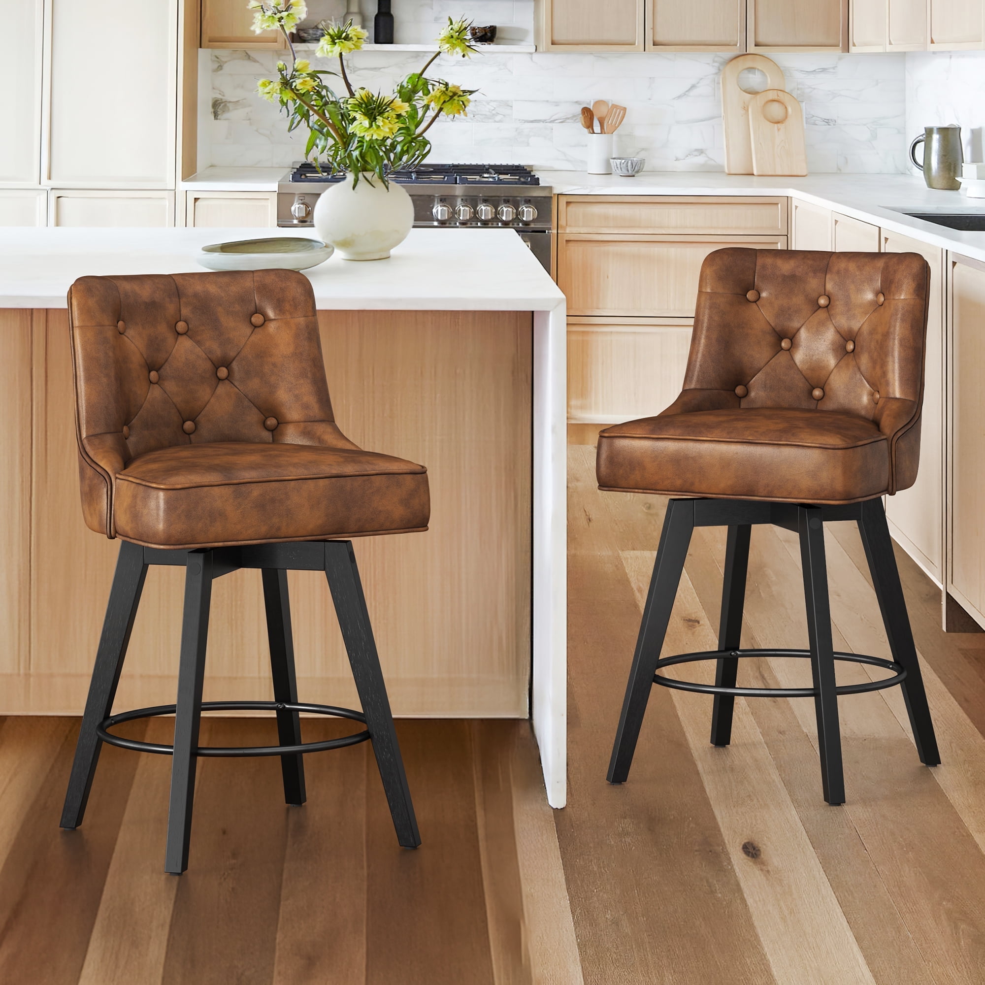 Brown Faux Leather Swivel Counter Stool with Metal Legs