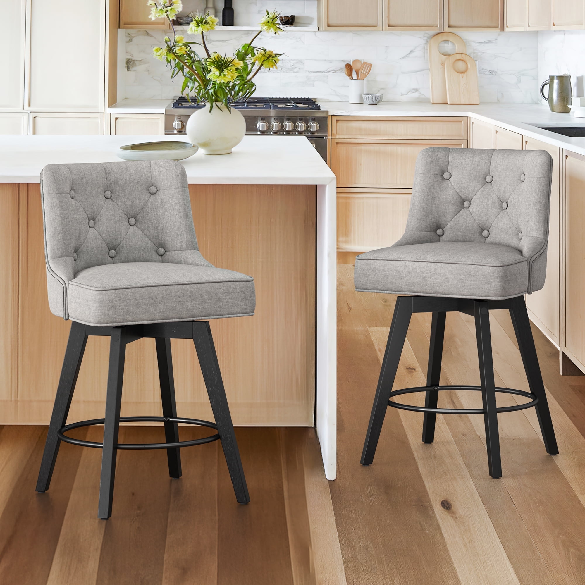 26'' Gray Linen Upholstered Swivel Bar Stools with Wood Legs