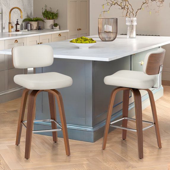 Dycanpo 26" Swivel Counter Height Bar Stools Set of 2 with Back PU Leather for Home Kitchen, White