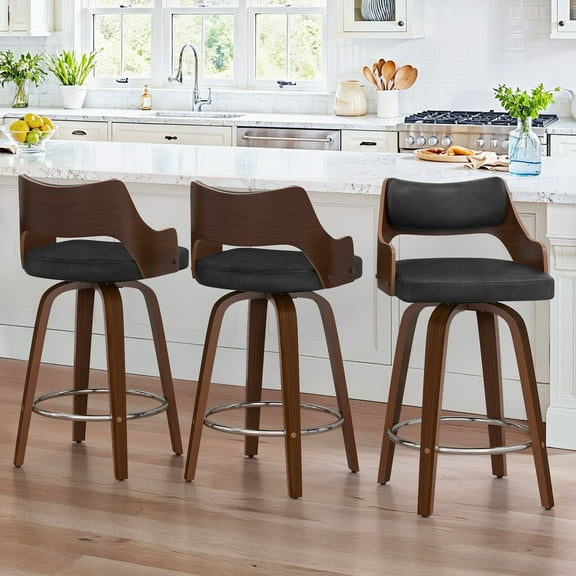 Dycanpo 26'' Swivel Counter Height Bar Stools Set of 3,Mid-Century Wooden Barstools with Backs for Kitchen Restaurant,Black