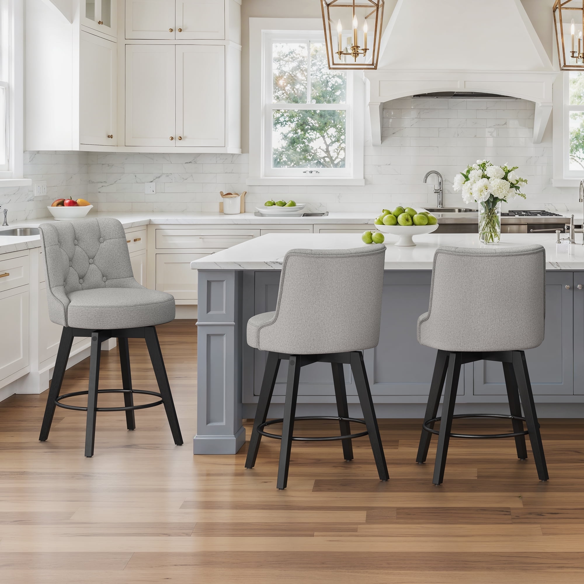 Oyster Gray Swivel Counter Height Bar Stools with Wood Legs, Set of 3