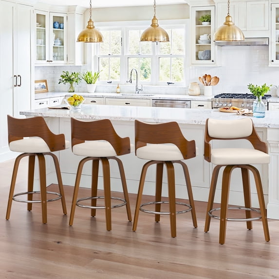 Dycanpo 26'' Swivel Counter Height Bar Stools Set of 4,Mid-Century Wooden Barstools with Backs for Kitchen Restaurant,Ivory White