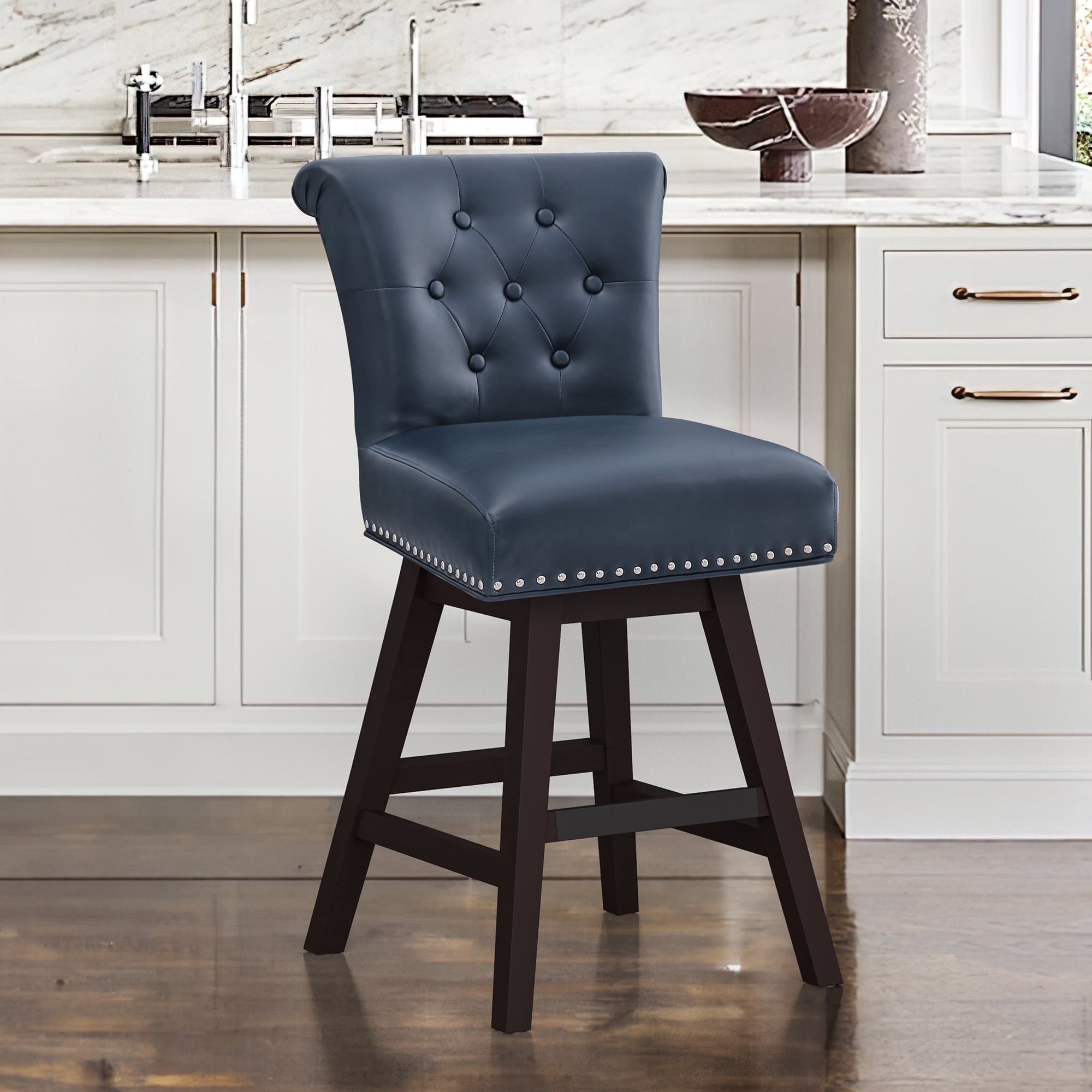 Dycanpo 26'' Swivel Counter Height Bar Stools, Upholstered Barstool with Footrest for Kitchen,Blue-Faux Leather