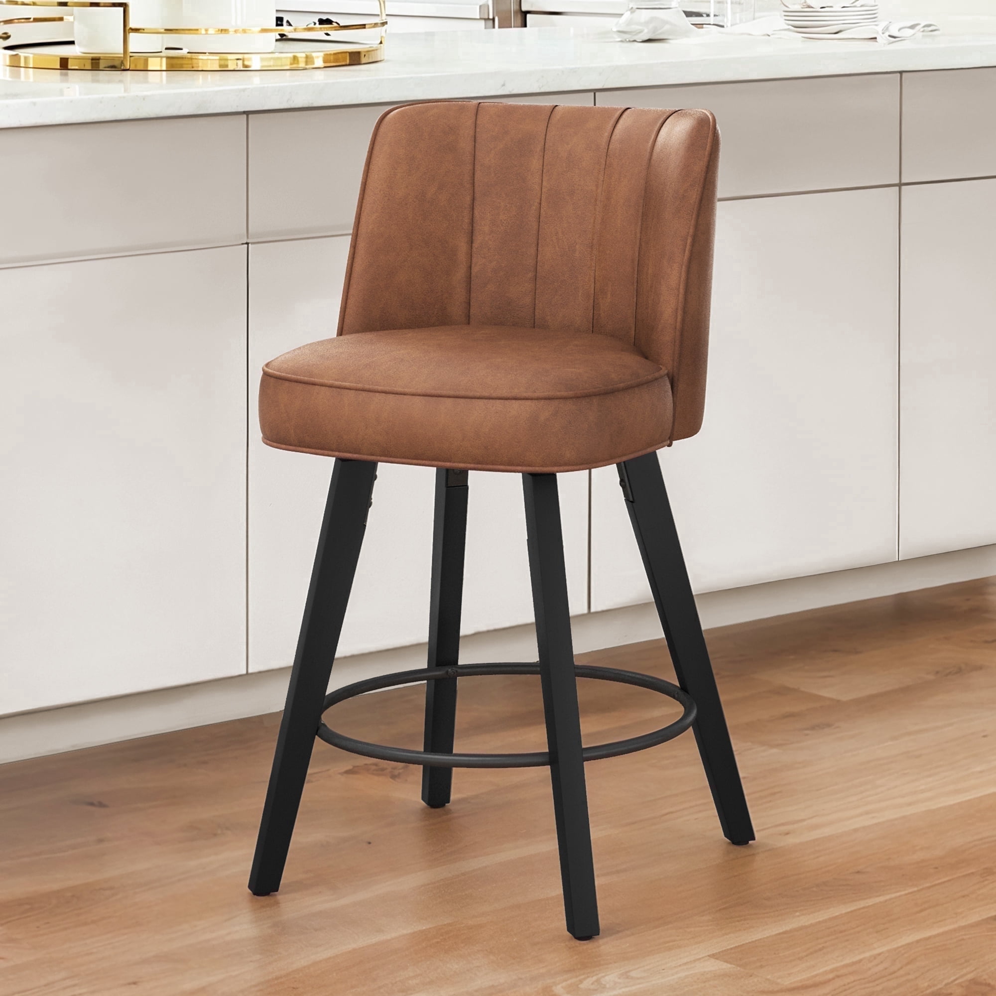 Dycanpo 26" Counter Height Bar Stools with Back, Swivel Leather Barstool Upholstery for Kitchen, Brown