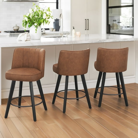 Dycanpo 26" Counter Height Bar Stools with Back Set of 3, Faux Leather Upholstery for Kitchen, Brown