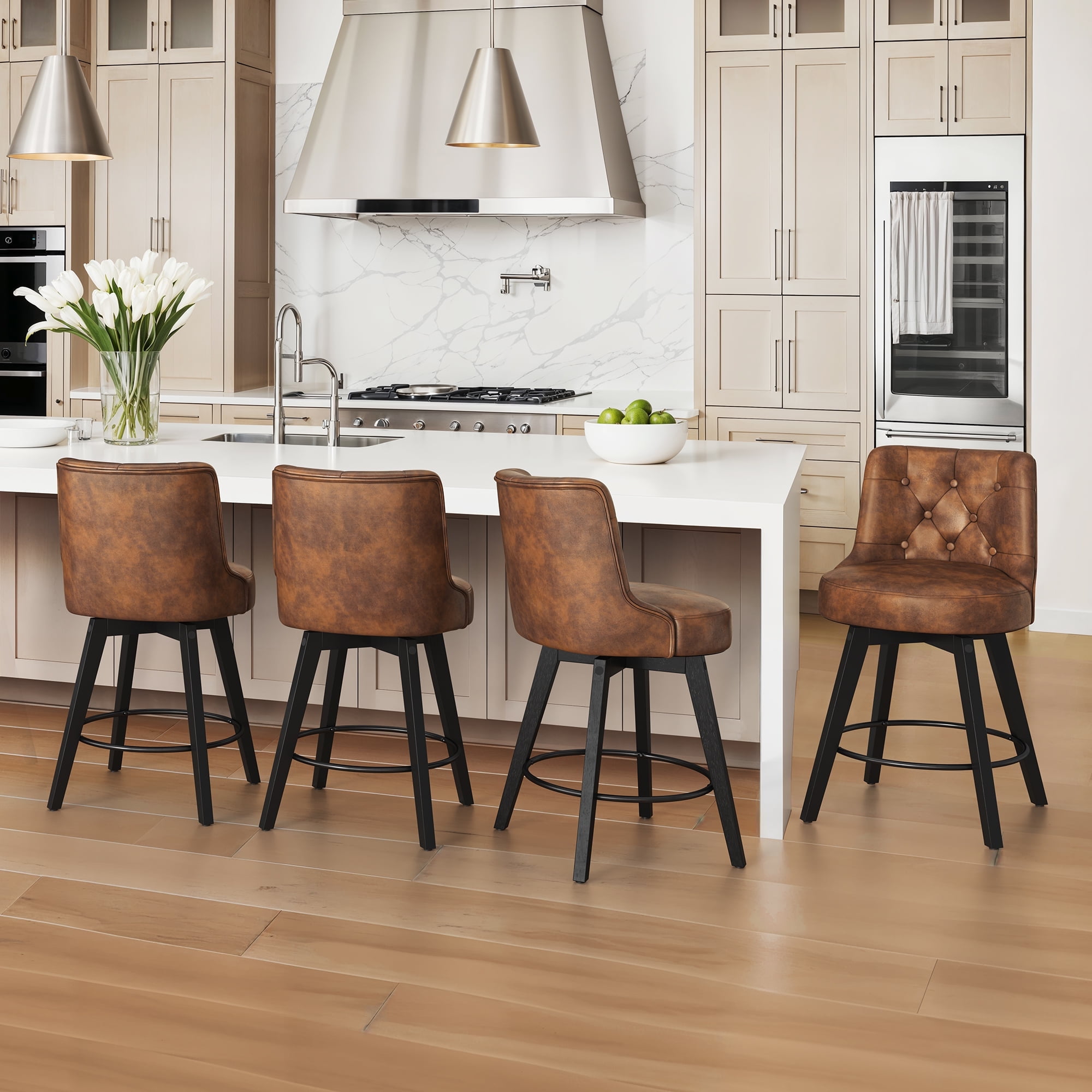 26" Brown Faux Leather Swivel Counter Height Bar Stools with Wood Legs