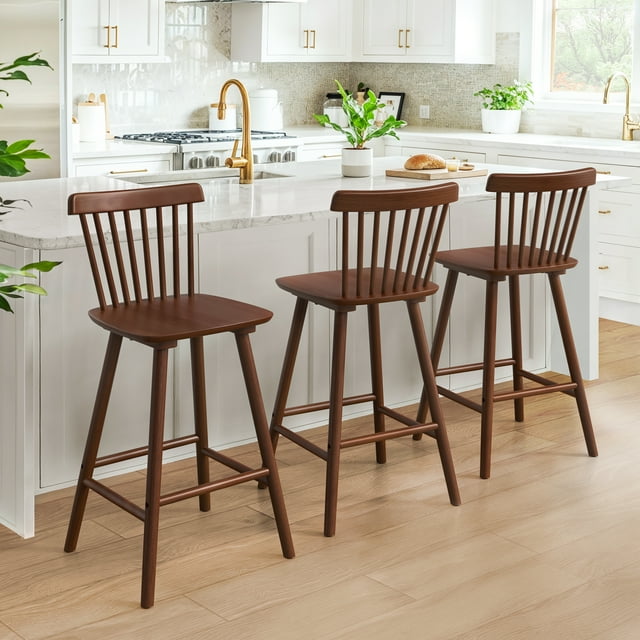 Dycanpo 26'' Wooden Windsor Counter Height Chairs Set of 3, Farmhouse Kitchen Stools with Back,Walnut