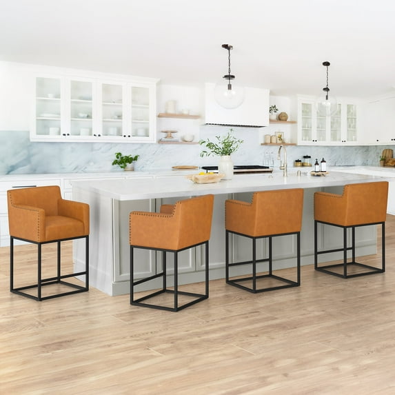Dycanpo 27'' H Counter Height Bar Stools Set of 4 with Back,Faux Leather Fabric for Home, Brown