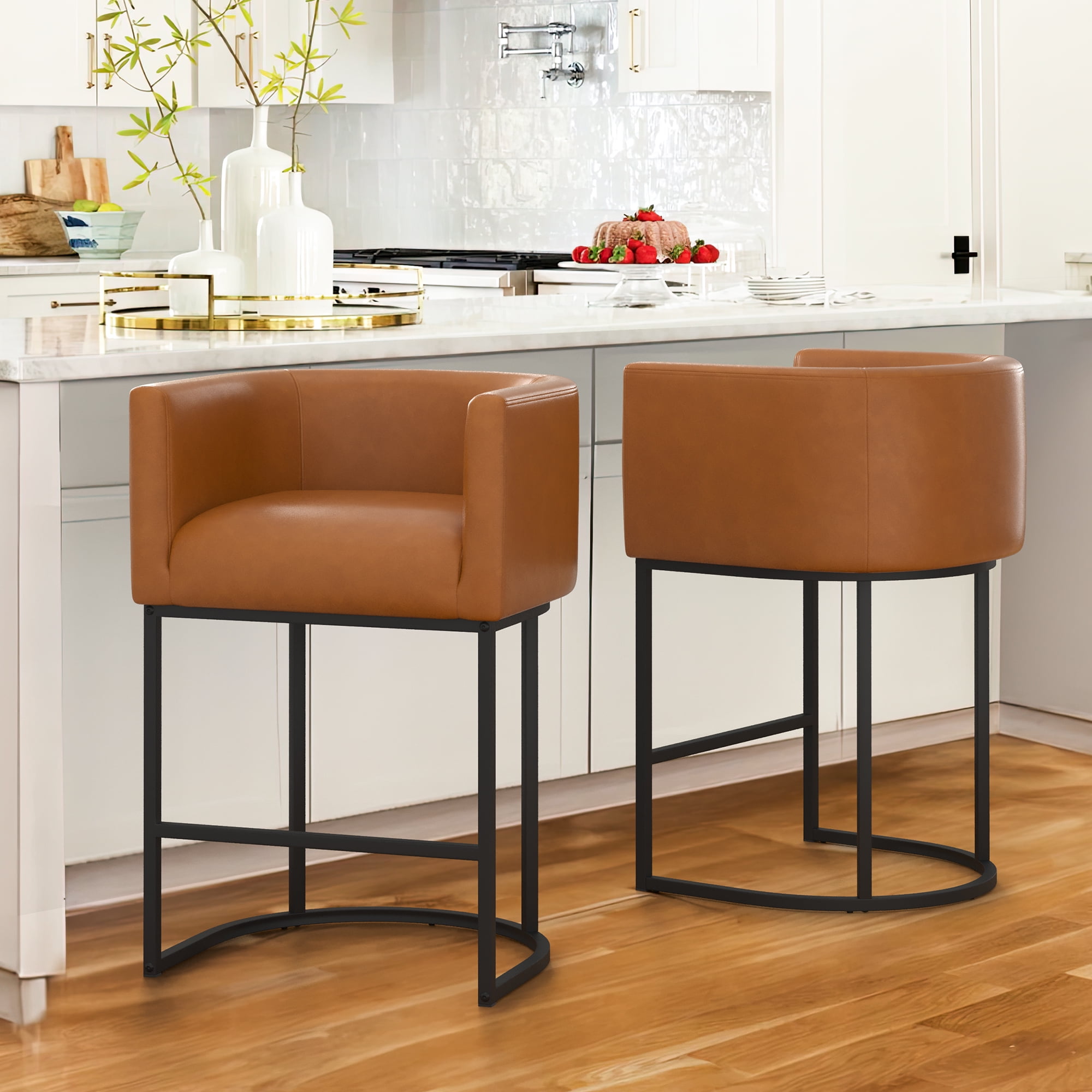 27" Brown Faux Leather and Black Metal Counter Stools with Arms, Set of 2