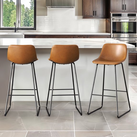 Dycanpo 30'' Bar Stools Set of 3 with Back Faux Leather for Home Kitchen Island, Whiskey Brown