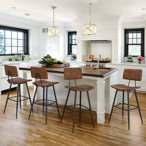 Dycanpo 30" Counter Height Bar Stools Set of 4, Faux Leather Upholstered Barstools, Red Brown