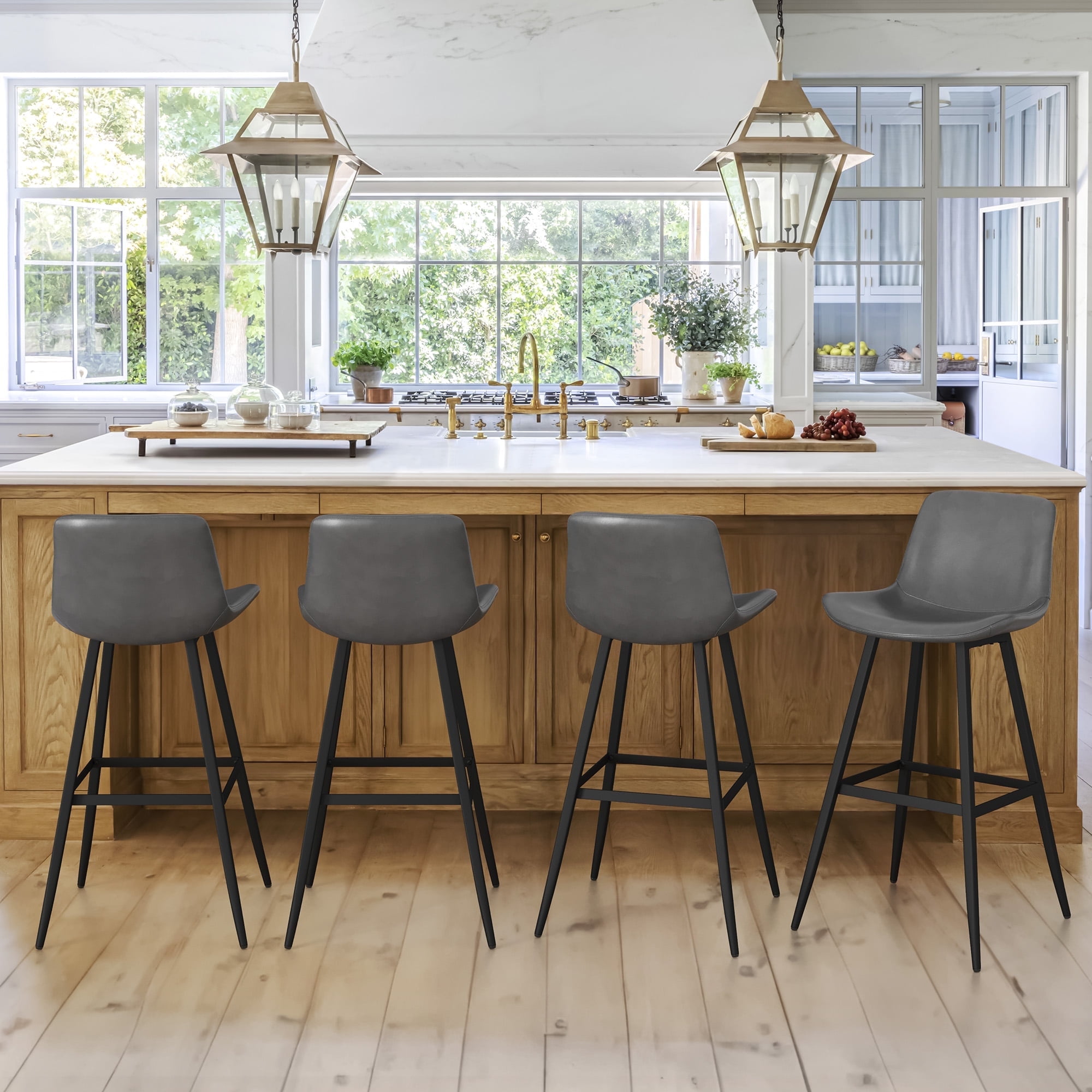 Gray Faux Leather and Metal Bar Height Stools Set of 4