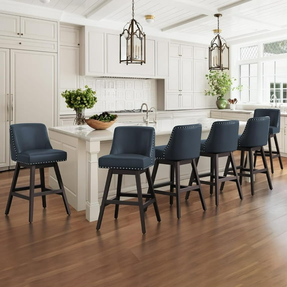 Dycanpo 30''H Swivel Bar Stools Set of 6 with Back Faux Leather for Home Kitchen Island,Navy Blue