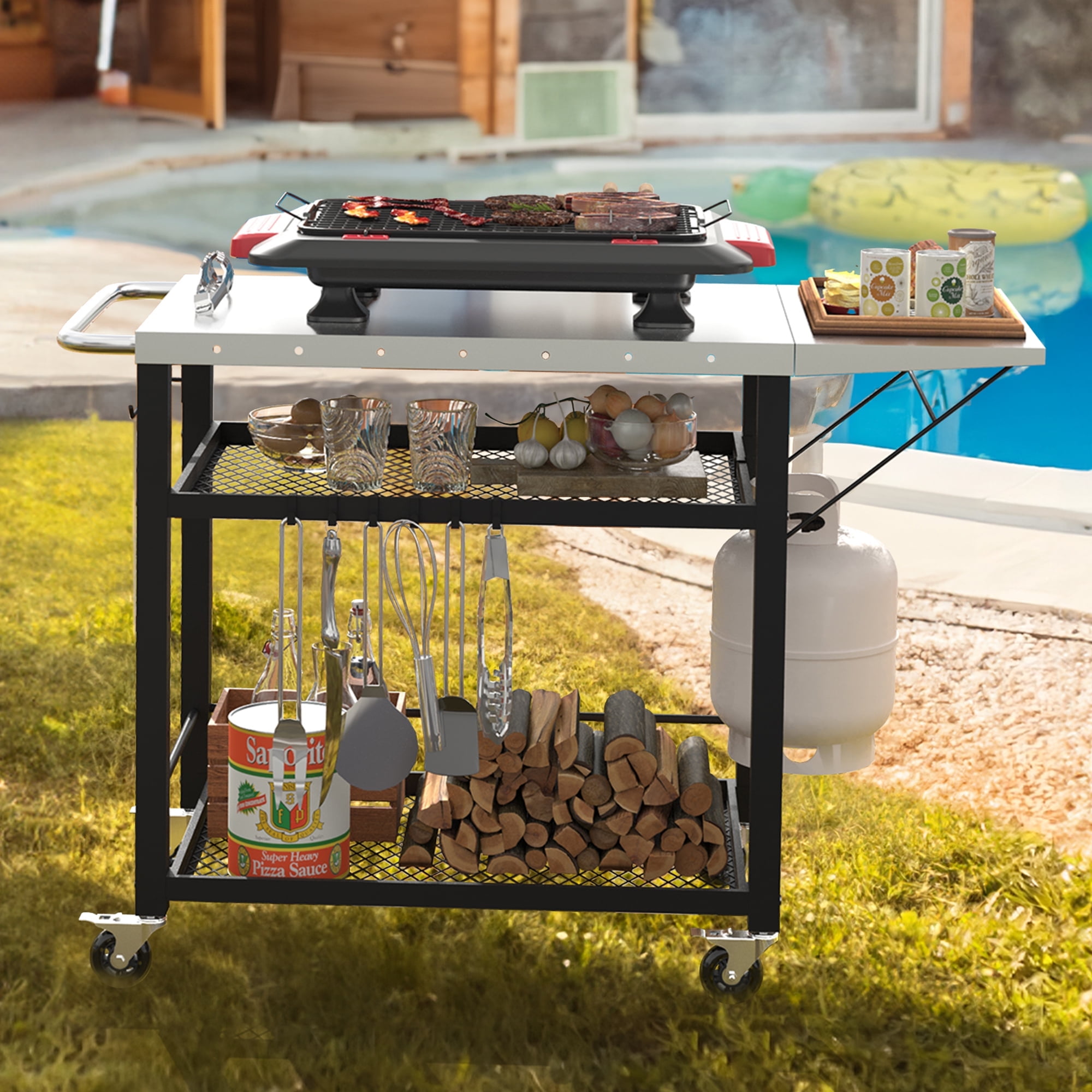 Black 3-Tier Stainless Steel Outdoor Grill Cart with Wheels