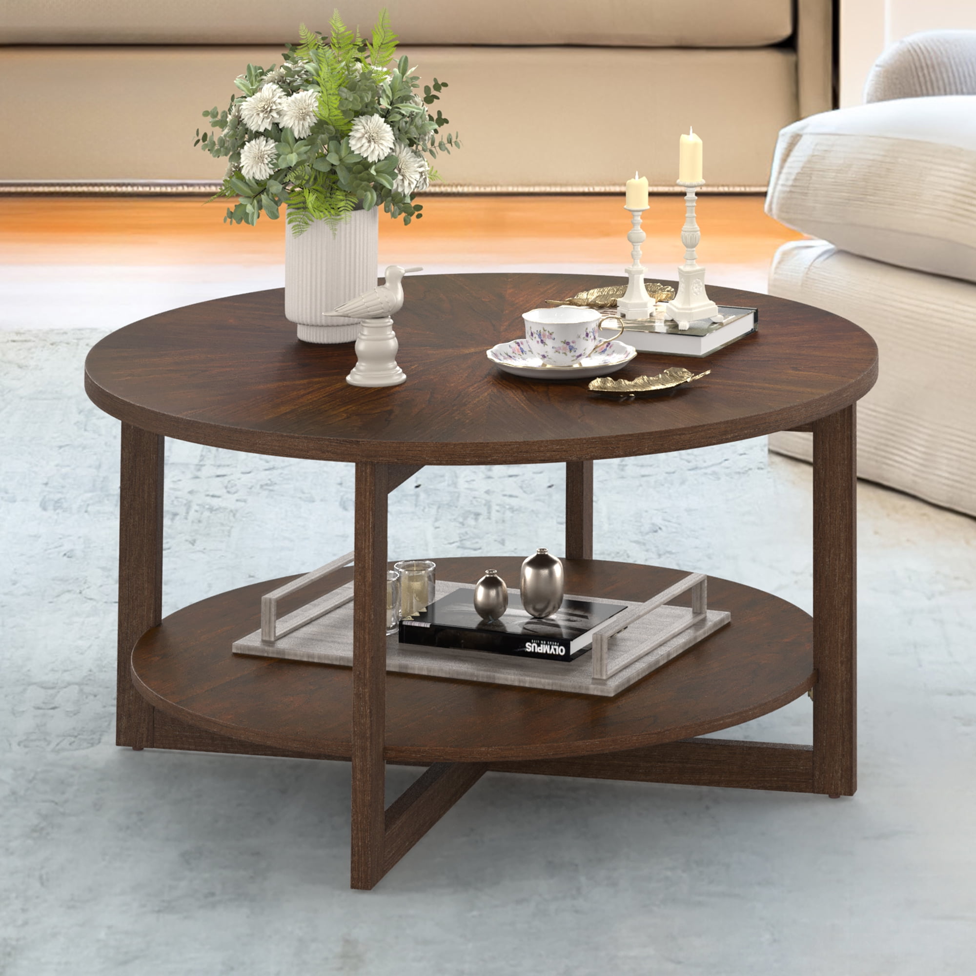 Dycanpo 35'' Wood Round Coffee Table with Storage for Living Room,Dark ...
