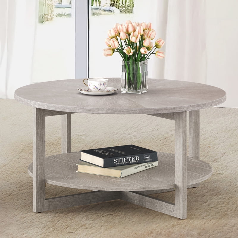 Dycanpo 35'' Wood Round Coffee Table with Storage for Living Room,Gray ...