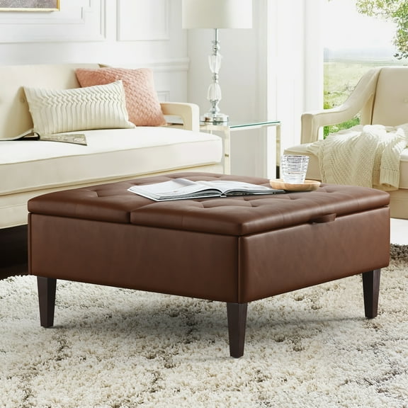 Dycanpo 36" Storage Ottoman Lift Top Coffee Table with Faux Leather for Living Room, Dark Brown