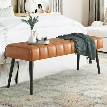 Dycanpo 44.5”Bedroom Bench, Faux Leather Modern Bench with Metal Legs, Whiskey Brown