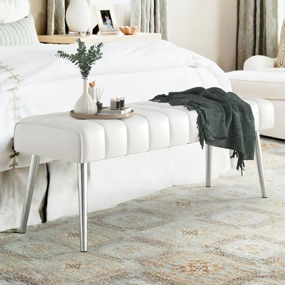 Dycanpo 44.5”Bedroom Bench, Faux Leather Modern Bench with Metal Legs, White