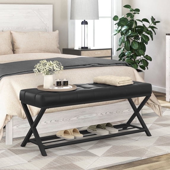 Dycanpo 44.5" End of Bed Bench,Faux Leather Upholstered Bench with Shoe Shelf, Black