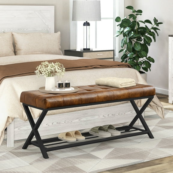 Dycanpo 44.5" End of Bed Bench,Faux Leather Upholstered Bench with Shoe Shelf, Yellowish Brown