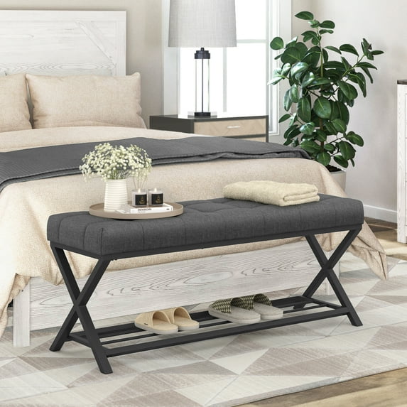 Dycanpo 44.5" End of Bed Bench,Linen Upholstered Bench with Shoe Shelf, Carbon Gray