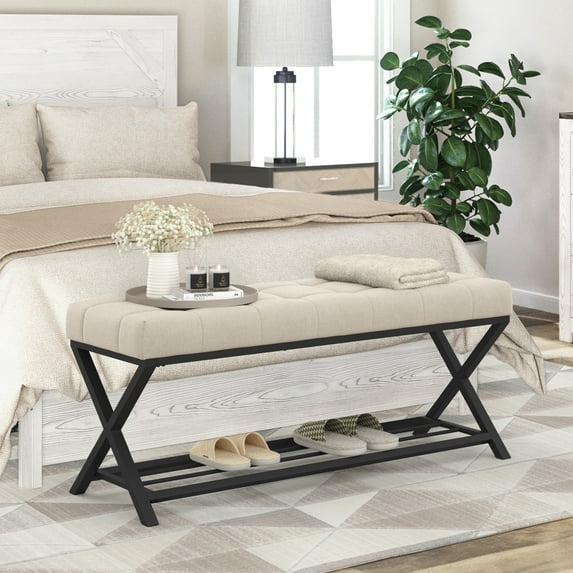 Dycanpo 44.5" End of Bed Bench,Tufted Upholstered Bench with Shoe Shelf, Linen Color