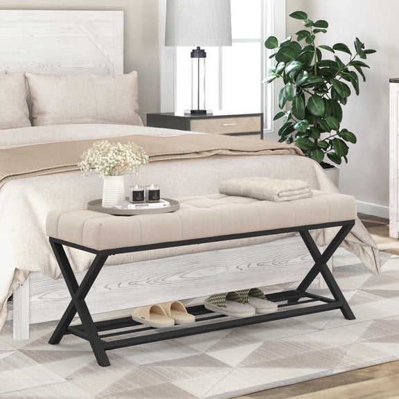 Dycanpo 44.5" End of Bed Bench,Tufted Upholstered Bench with Shoe Shelf, Linen Color
