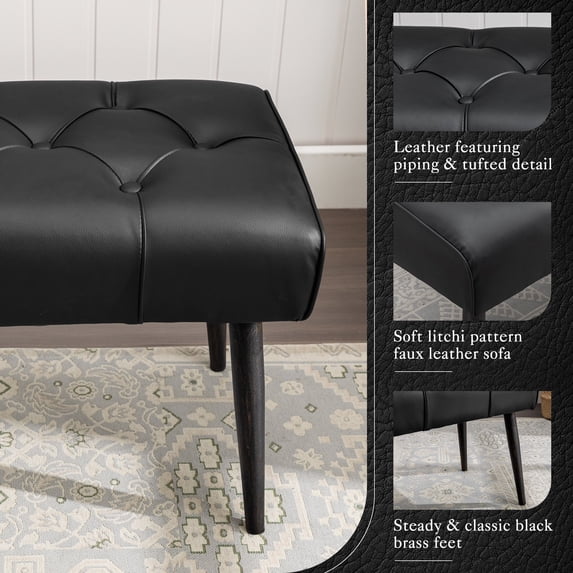 Carolayne 44.5”Ottoman chair for Bedroom,Faux Leather Entryway with Metal Legs, Black
