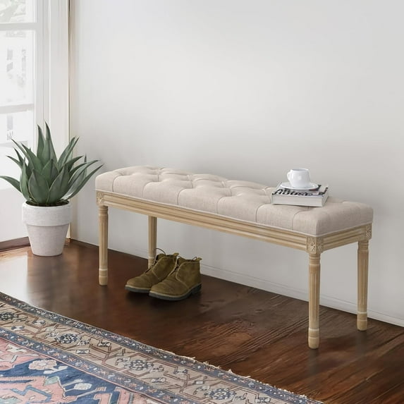 Dycanpo 44'' End of Bed Bench, Vintage Upholstered Bench for Entryway, Linen and Wood