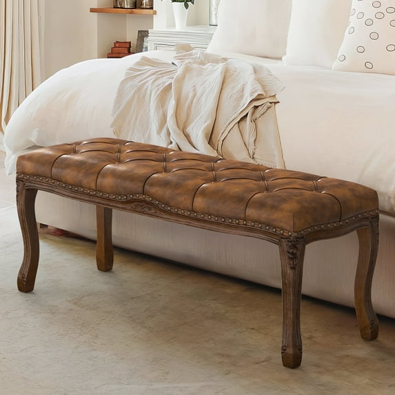 Dycanpo 45.2"L x 18.3"H French Bedroom Bench Seat Faux Leather Upholstered,Yellowish Brown