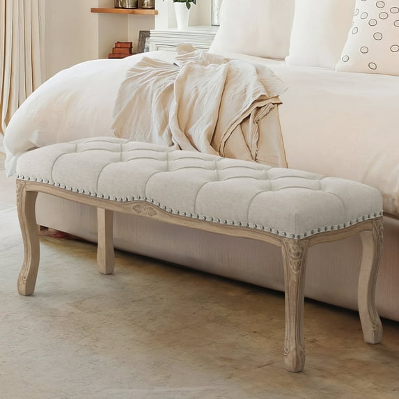 Dycanpo 45.2"L x 18.3"H French Bedroom Bench Seat Linen Upholstered, Light Gray