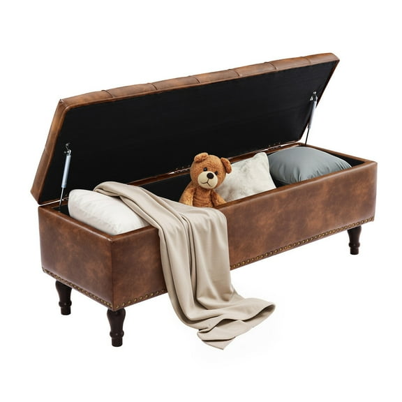 Dycanpo 50.8" Faux Leather Storage Ottoman Bench Storage Chest for Bedroom,Entryway,Red-brown