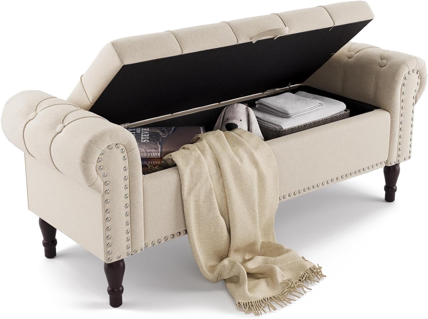 Dycanpo 50"L X 19" H Storage Bench with Arms, Upholstered, for Bedroom, Linen Color