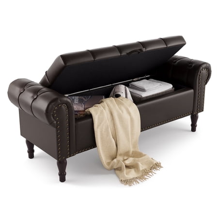 Dycanpo 50in Storage Bench with Arms, Faux Leather Upholstered Ottoman Bench for Bedroom, Brown