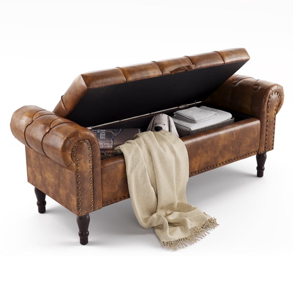 Dycanpo 50in Storage Bench with Arms, Faux Leather Upholstered Ottoman Bench for Bedroom, Brown