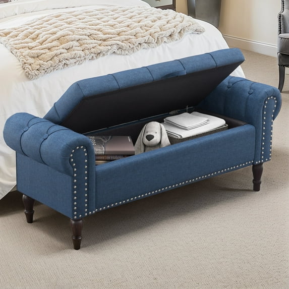 Dycanpo 50in Storage Bench with Arms, Linen Fabric Upholstered Ottoman Bench for Bedroom, Dark Blue