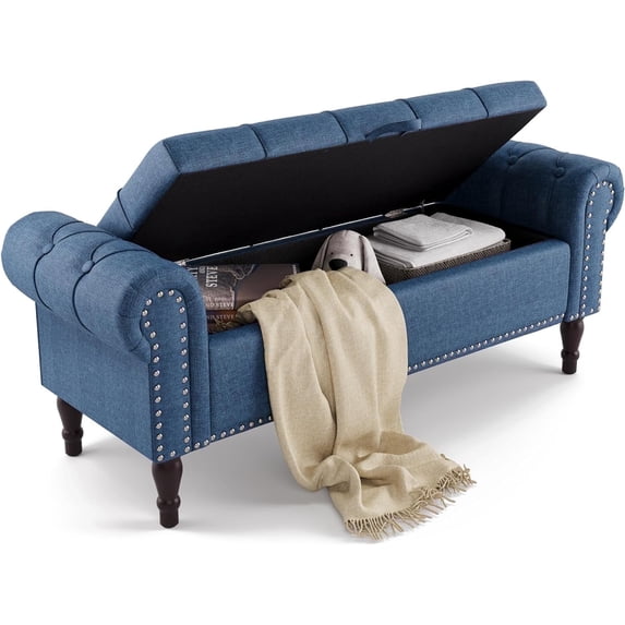 Dycanpo 50in Storage Bench with Arms, Linen Fabric Upholstered Ottoman Bench for Bedroom, Dark Blue
