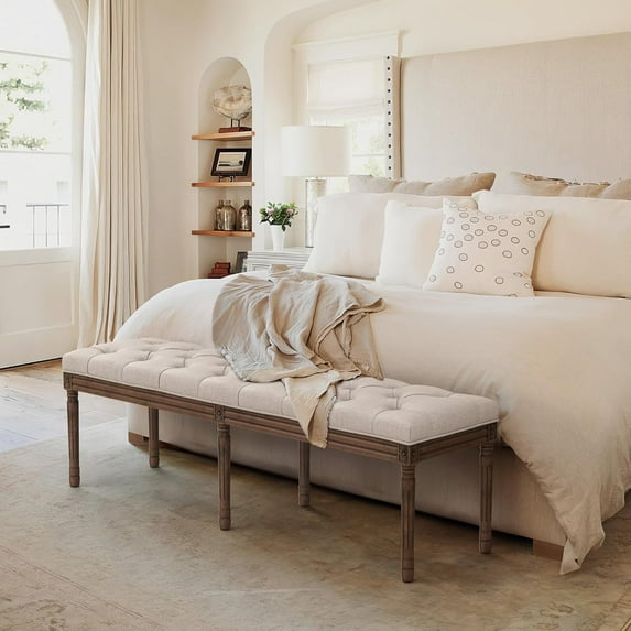 Dycanpo 60'' End of Bed Bench, Vintage Upholstered Bench for Entryway, Linen and Dark Brown