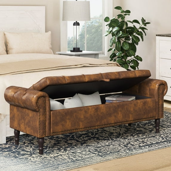 Dycanpo 62" Storage Ottoman Bench with Arms, Faux Leather Upholstered, End of Bed Bench for Bedroom, Brown