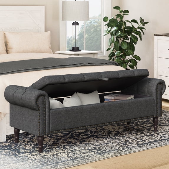 Dycanpo 62" Storage Ottoman Bench with Arms, Linen Upholstered, End of Bed Bench for Bedroom, Gray