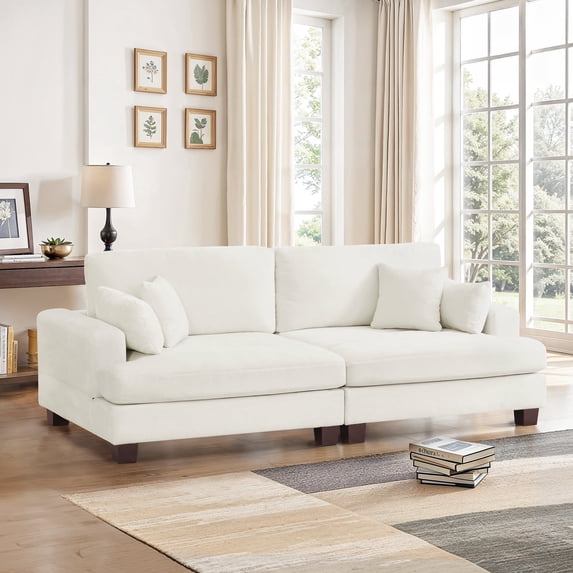 Dycanpo 3 Seater Corduroy Sectional Sofa with Pillow, 88" Upholstered White Couch, Loveseat Sofa for Living Room, Beige White