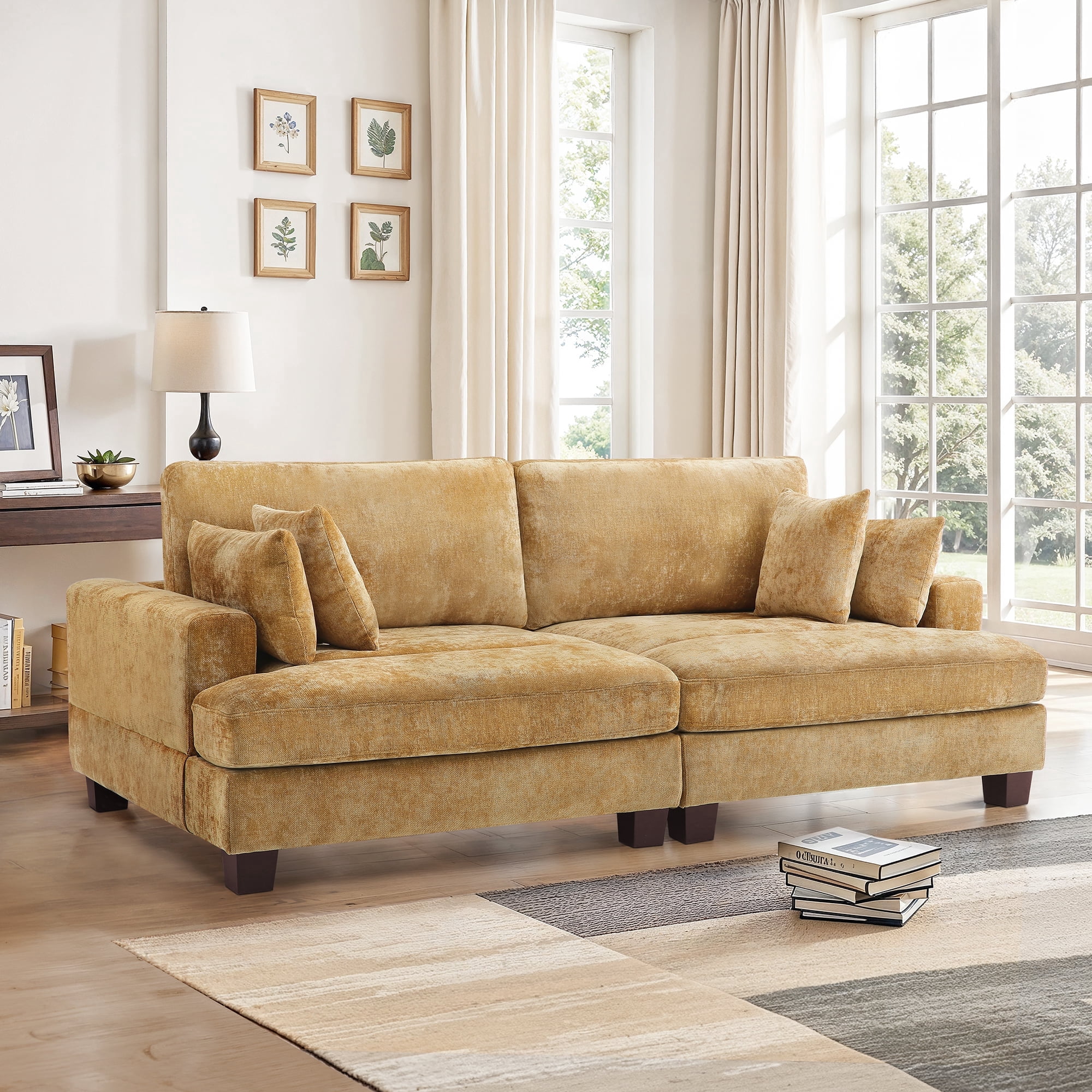 Dycanpo 3 Seater Corduroy Sectional Sofa with Pillow, 88" Upholstered Yellow Couch, Loveseat Sofa for Living Room, Yellow