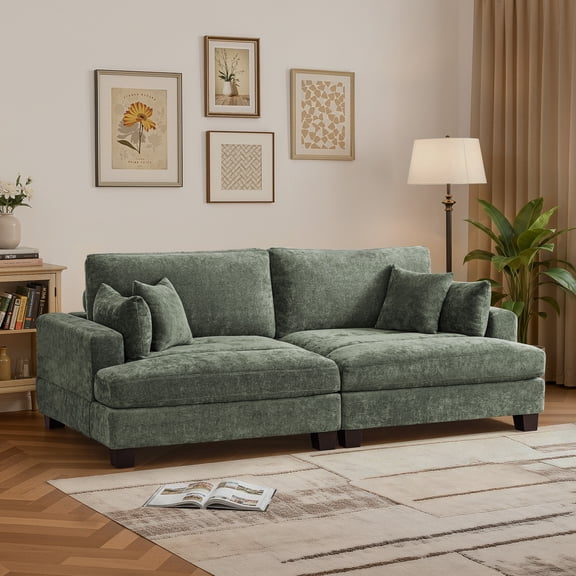Dycanpo 3 Seater Chenille Sectional Sofa with Pillow, 88" Modern Green Couch Loveseat Sofa for Living Room, Green