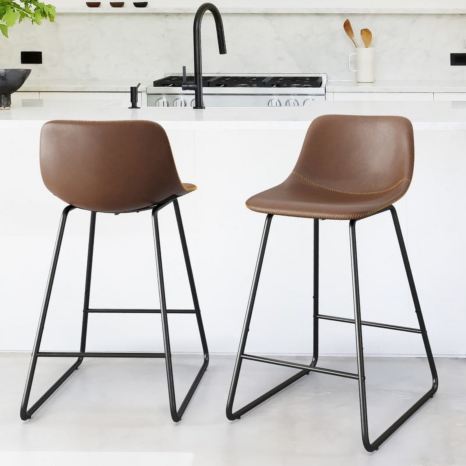 Whiskey Brown Faux Leather Counter Stools with Iron Frame, Set of 2
