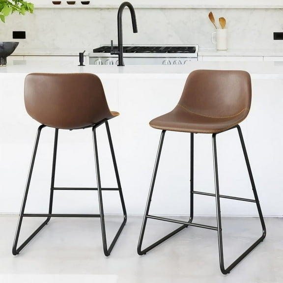 Dycanpo Bar Stools Set of 2, 24" ALX Faux Leather Barstools, Modern Counter Height Stools with Back and Metal Legs, Armless Counter Chairs for Kitchen Island, Brown