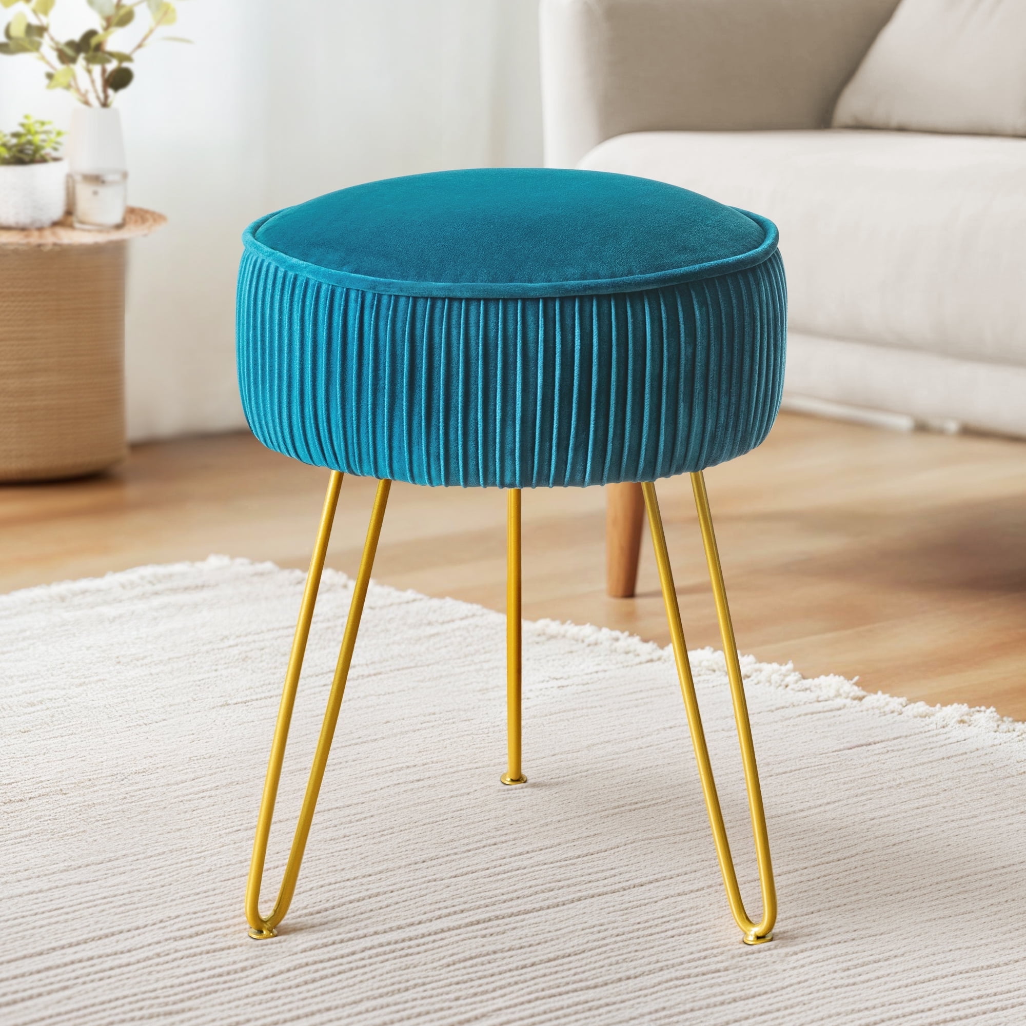 Dycanpo Blue Vanity Stool Vanity Chair with Velvet Upholstered, Metal Legs for Living Room, Adult