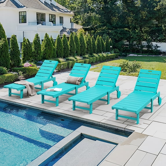 Dycanpo Chaise Lounge Chair Outdoor Set of 4, with Adjustable Backrest & Wheels, Aruba Blue